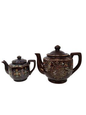 2 VTG Japanese Redware Ceramic Teapots Floral & Gilded Design Brown READ #WS-T
